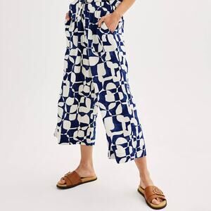 SONOMA Linen Blend Flowy Cropped Capris Pants Navy Blue White Geometric NWT